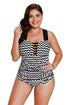 Sexy Black White Zigzag Crisscross Neckline One Piece Swimsuit